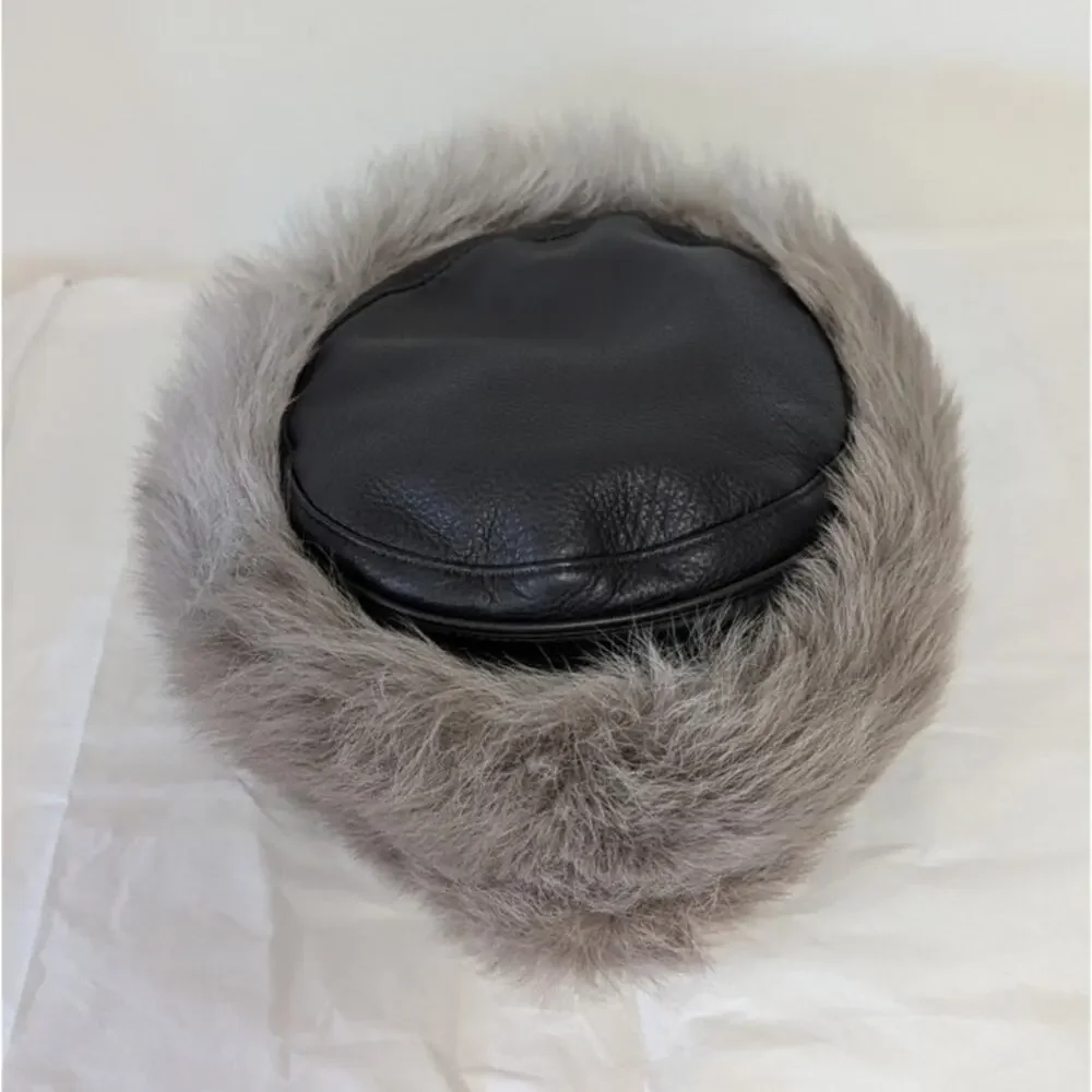 Hermès Hermes Fur Lamb Leather Hat Womens 58 Black/BrownGray